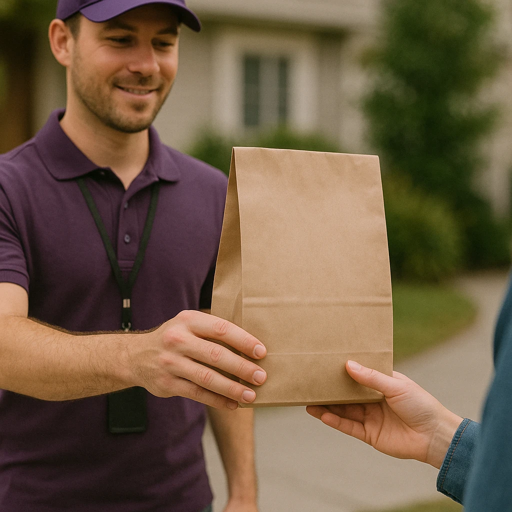 cannabis delivery person, delivering a discreet package to a customer